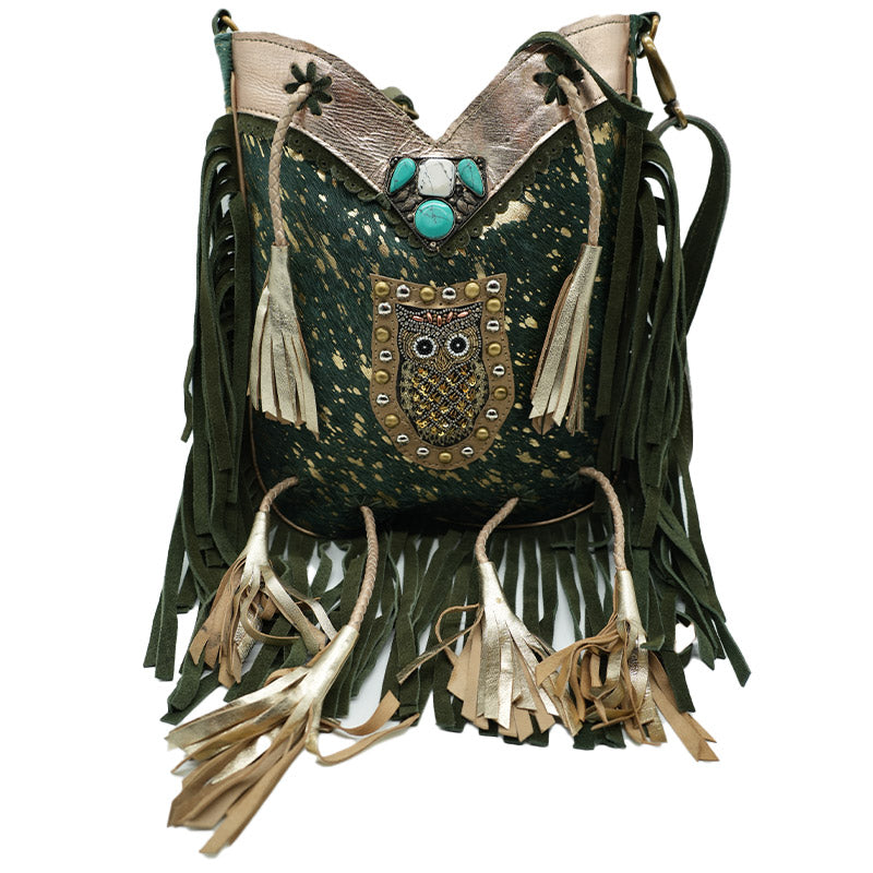 Boho Ledertasche mit Eulen-Applikation und Fransen
