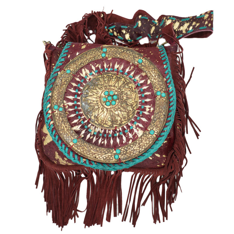 Handgefertigte Fransen-Tasche aus Leder mit Mandala-Messingverzierung