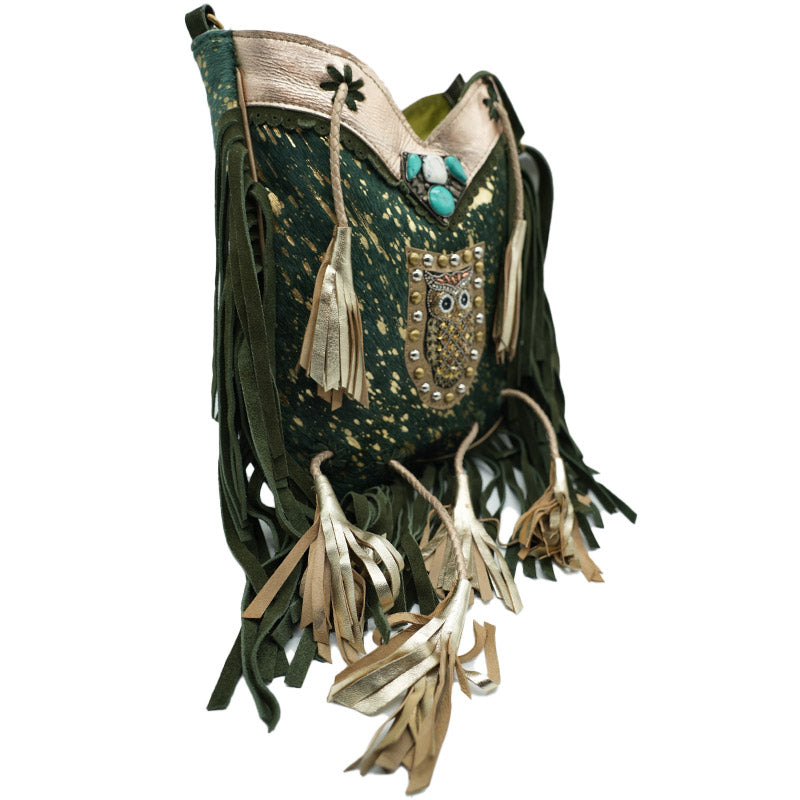 Boho Ledertasche mit Eulen-Applikation und Fransen