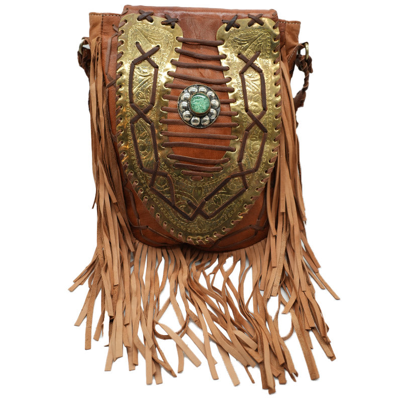 Handgemachte Leder-Umhängetasche im Boho Stil mit Fransen