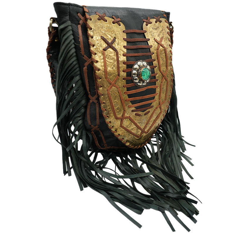 Boho Umhängetasche aus Leder mit Fransen & Handverzierung