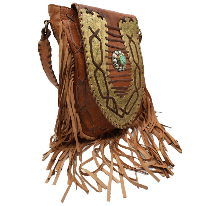 Handgemachte Leder-Umhängetasche im Boho Stil mit Fransen