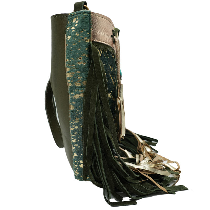 Boho Ledertasche mit Eulen-Applikation und Fransen