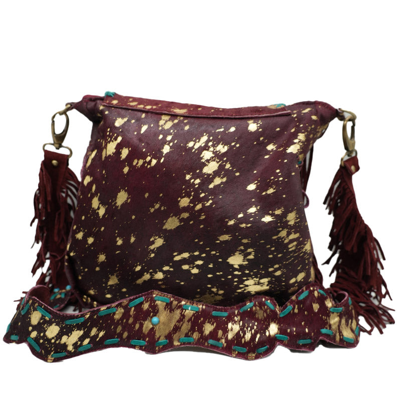 Handgefertigte Fransen-Tasche aus Leder mit Mandala-Messingverzierung