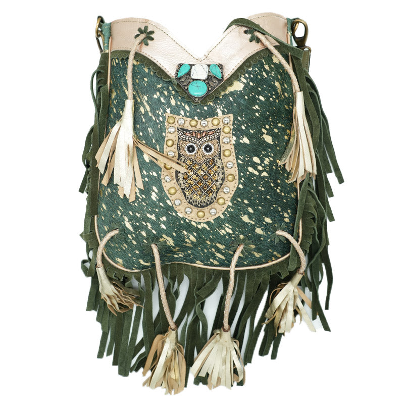 Boho Ledertasche mit Eulen-Applikation und Fransen