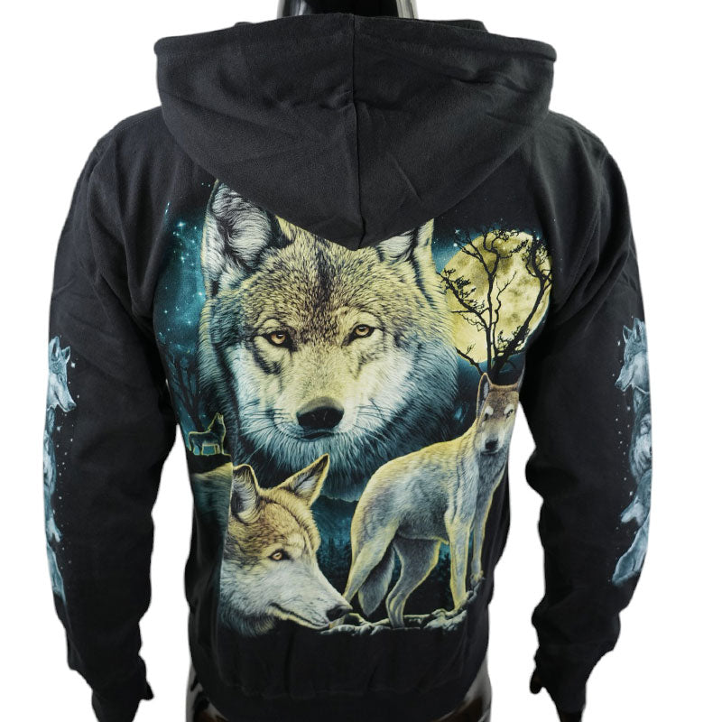Hoodie „Full Moon Wolves“ – Schwarzer Kapuzenpullover mit Tiermotiv