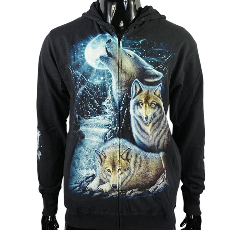 „Moonhowl“ – Schwarzer Hoodie mit Wolf und Vollmond