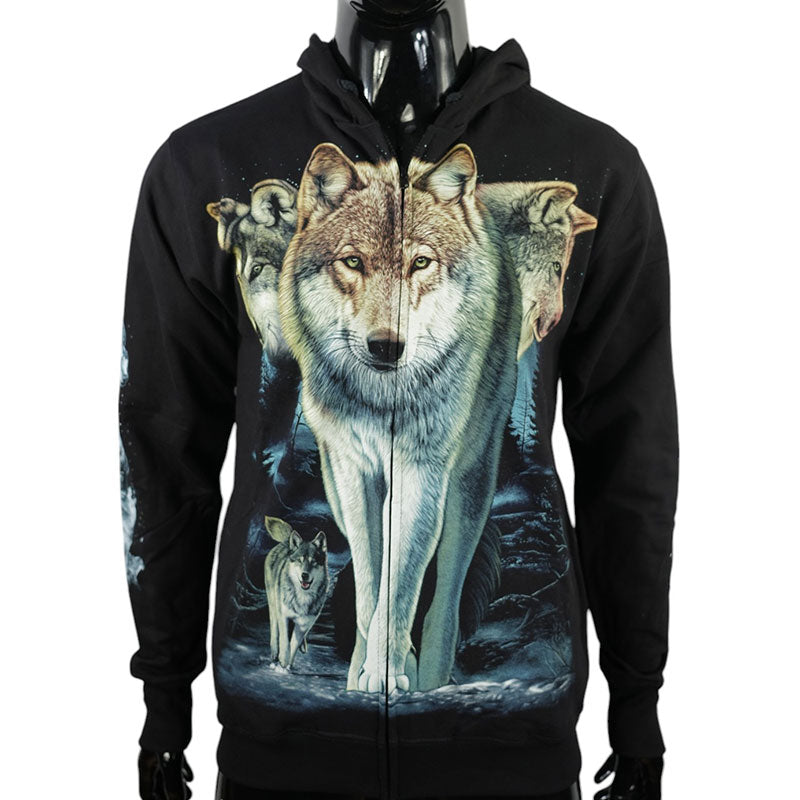 Hoodie „Wolf Pack“ – Schwarzer Zip-Hoodie mit Tiermotiv