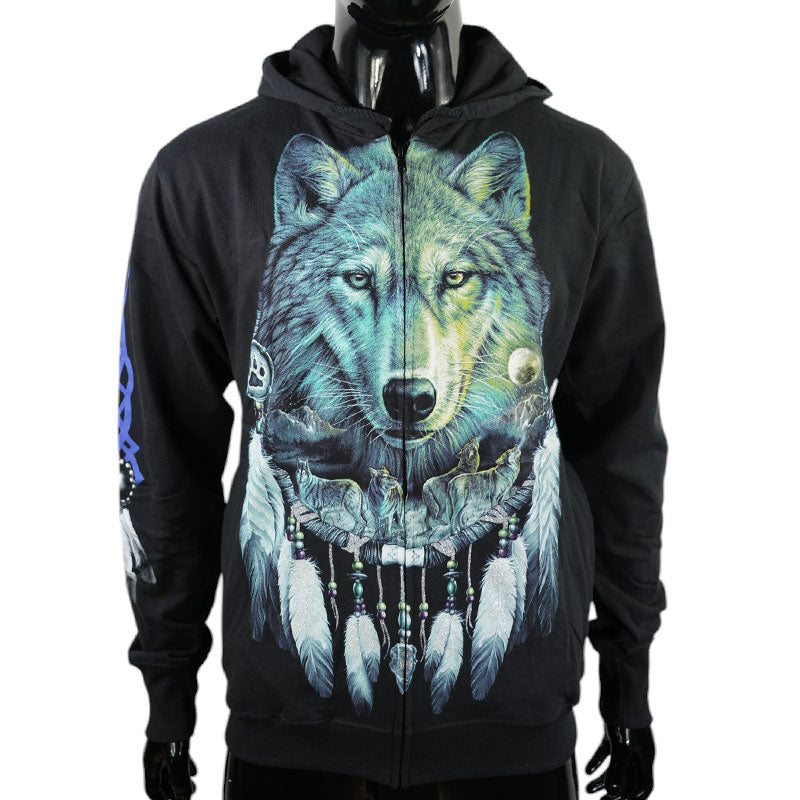 Zip-Hoodie mit Wolfsmotiv und Traumfänger – Ethno Spirit Design