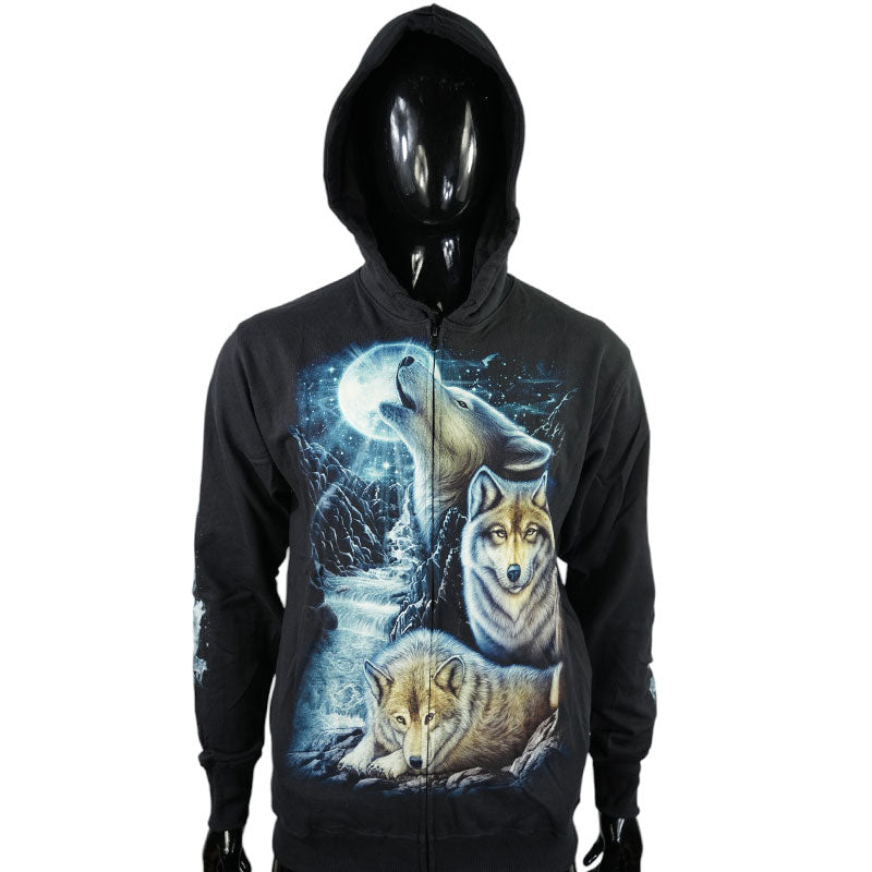 „Moonhowl“ – Schwarzer Hoodie mit Wolf und Vollmond