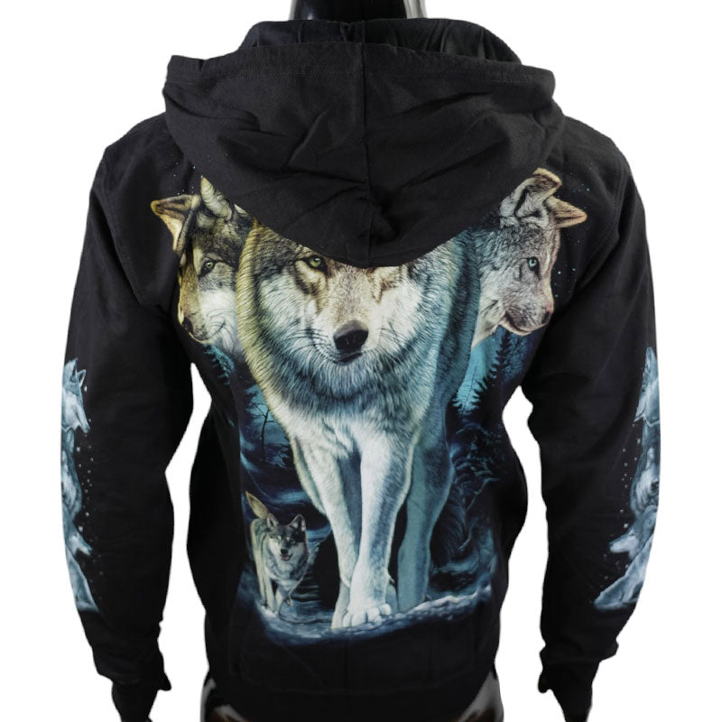 Hoodie „Wolf Pack“ – Schwarzer Zip-Hoodie mit Tiermotiv