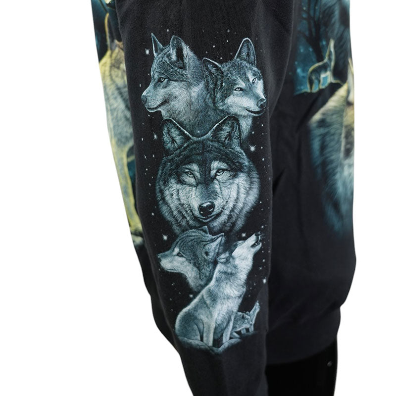 Hoodie „Full Moon Wolves“ – Schwarzer Kapuzenpullover mit Tiermotiv