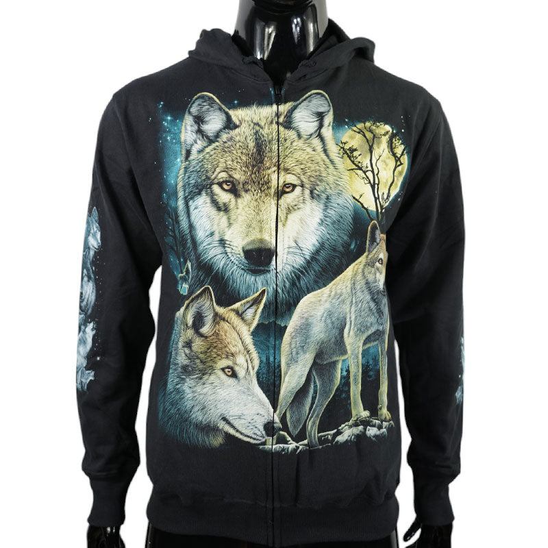 Hoodie „Full Moon Wolves“ – Schwarzer Kapuzenpullover mit Tiermotiv