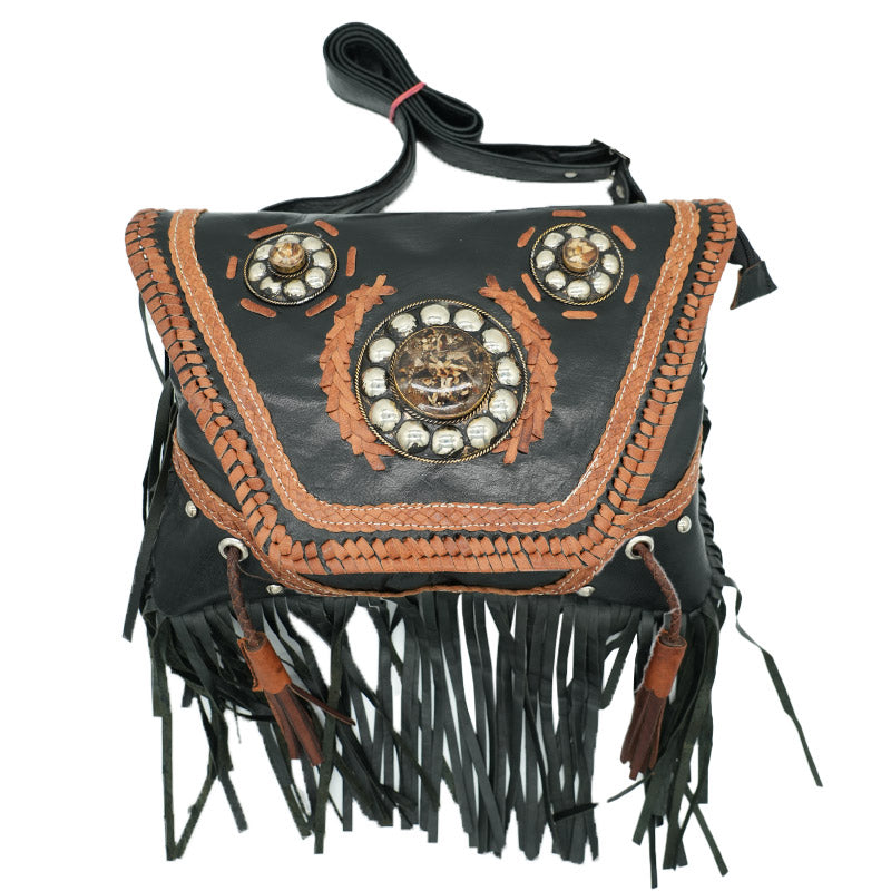 Boho Fransen-Tasche mit Ornamenten & Schmucksteinen