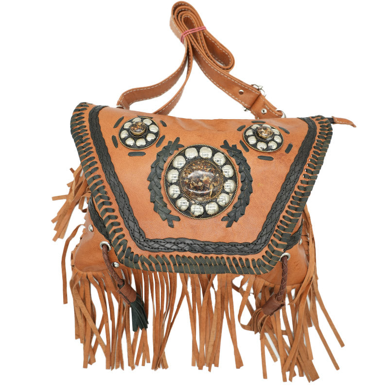 Leder Schultertasche mit Fransen und Ornament