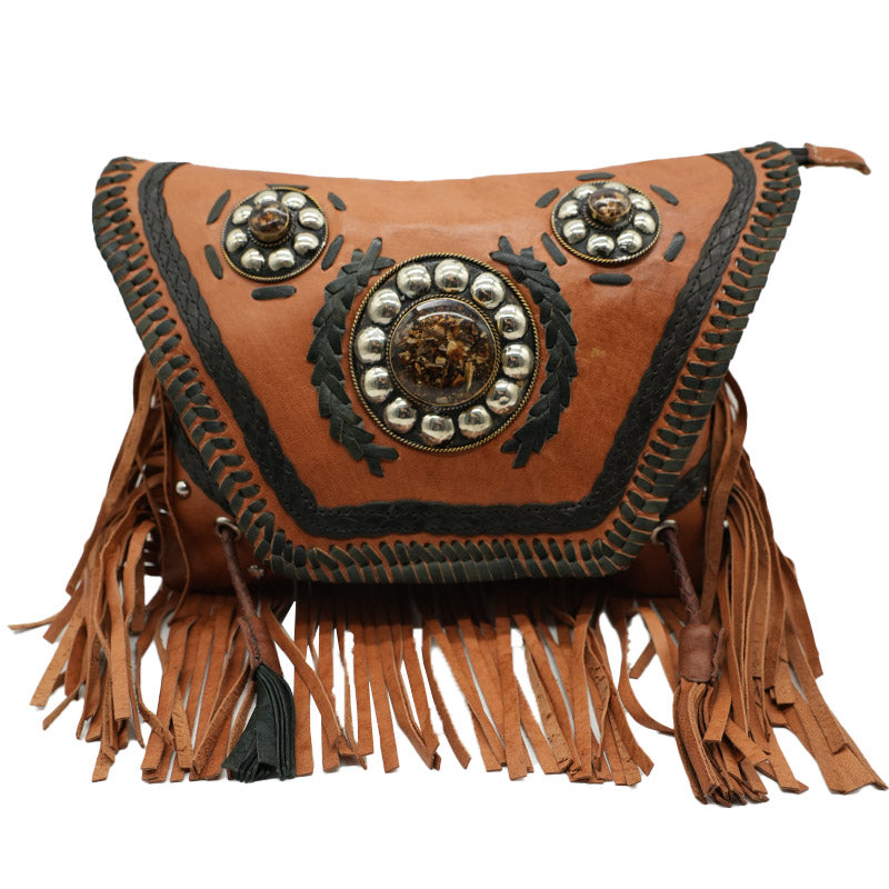 Leder Schultertasche mit Fransen und Ornament