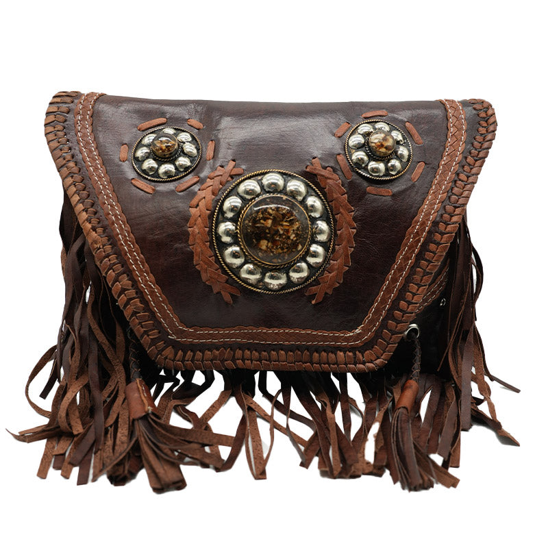 Ethno Schultertasche aus Leder mit Fransen