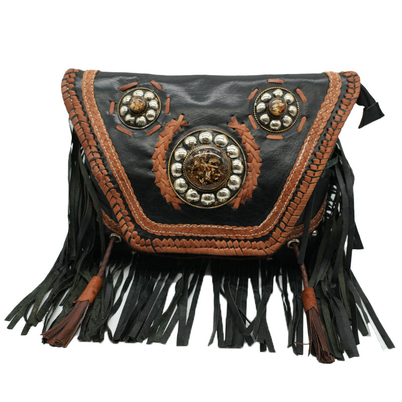 Boho Fransen-Tasche mit Ornamenten & Schmucksteinen