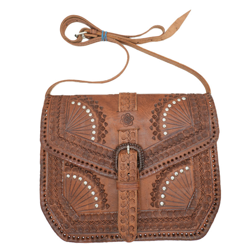 Handgeprägte Lederhandtasche mit Ethno-Muster & Nieten