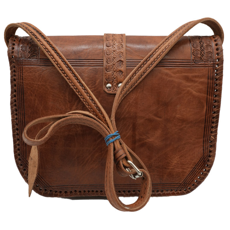 Handgeprägte Lederhandtasche mit Ethno-Muster & Nieten