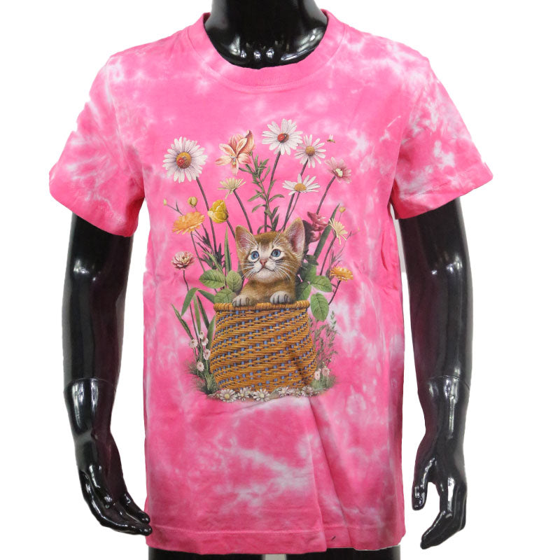 Kinder T-Shirt mit Katze und Blumen – Rosa Batik Design