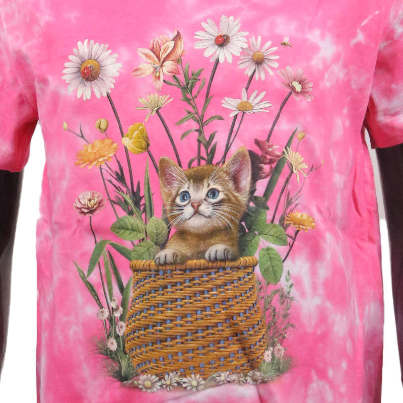 Kinder T-Shirt mit Katze und Blumen – Rosa Batik Design