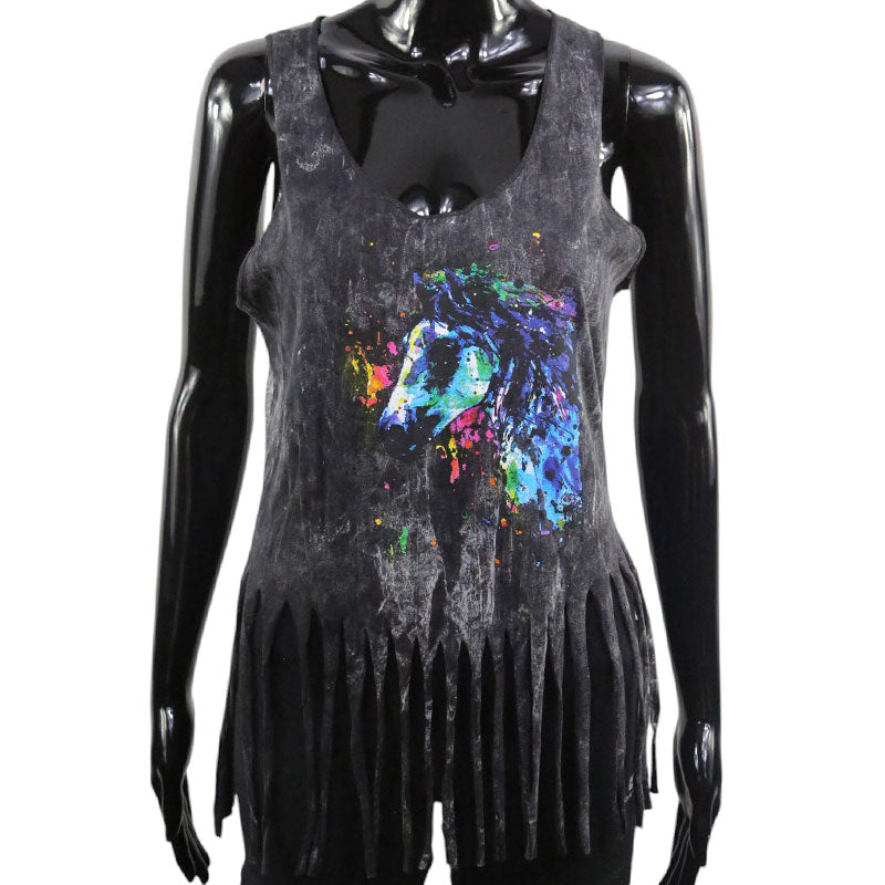 Damen Top Pferdekopf bunt auf blau, grün, braun oder schwarz batik