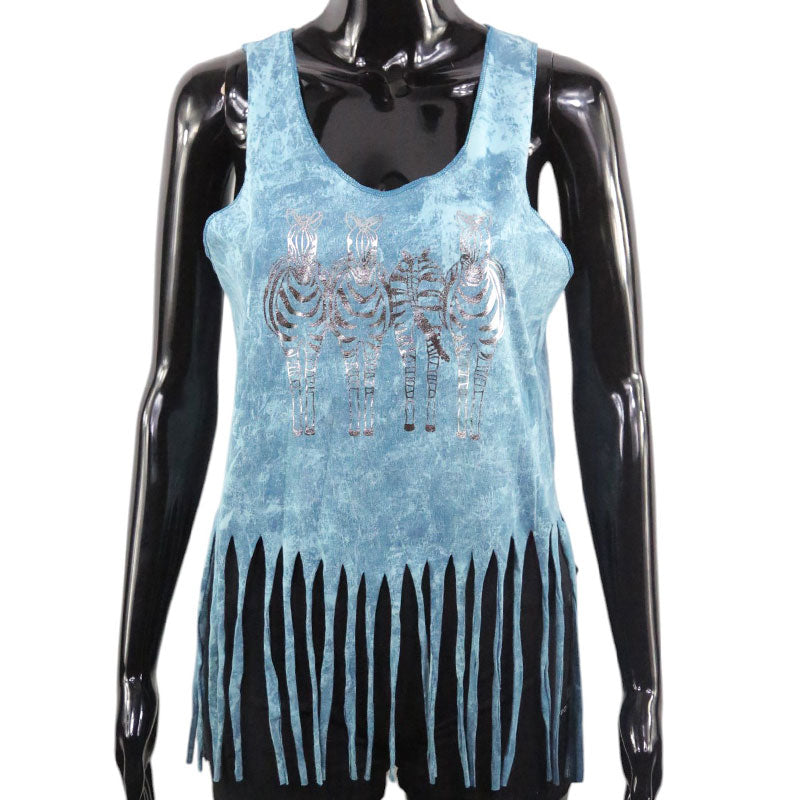 Zebra Top Türkisblau | Silberprint | Fransen Shirt Damen