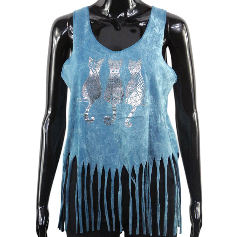 Boho-Top mit Silberkatzen & Fransen | Türkisblau | Damen