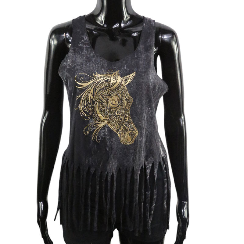 Damen Top Pferdekopf gold auf schwarz batik