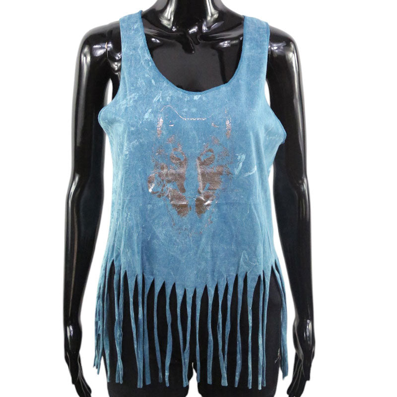 Damen Top mit Wolf-Motiv in Bronze | Boho Stil mit Fransen