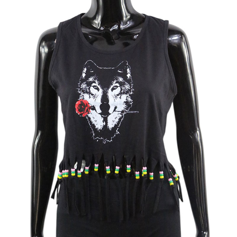 Schwarzes Crop Top mit Wolf-Motiv und Fransen – Boho Festival Shirt