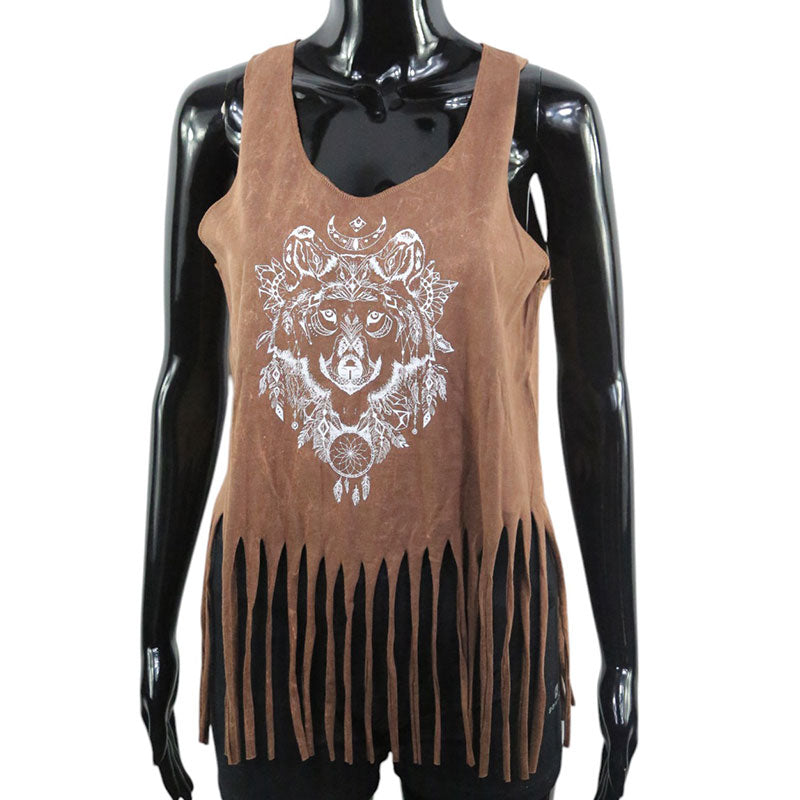 Fransen-Top Braun – Weißer Wolf-Mandala