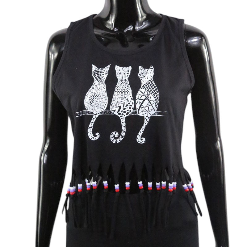 Schwarzes Boho Crop Top mit Katzen-Print und Fransen – Damen Shirt