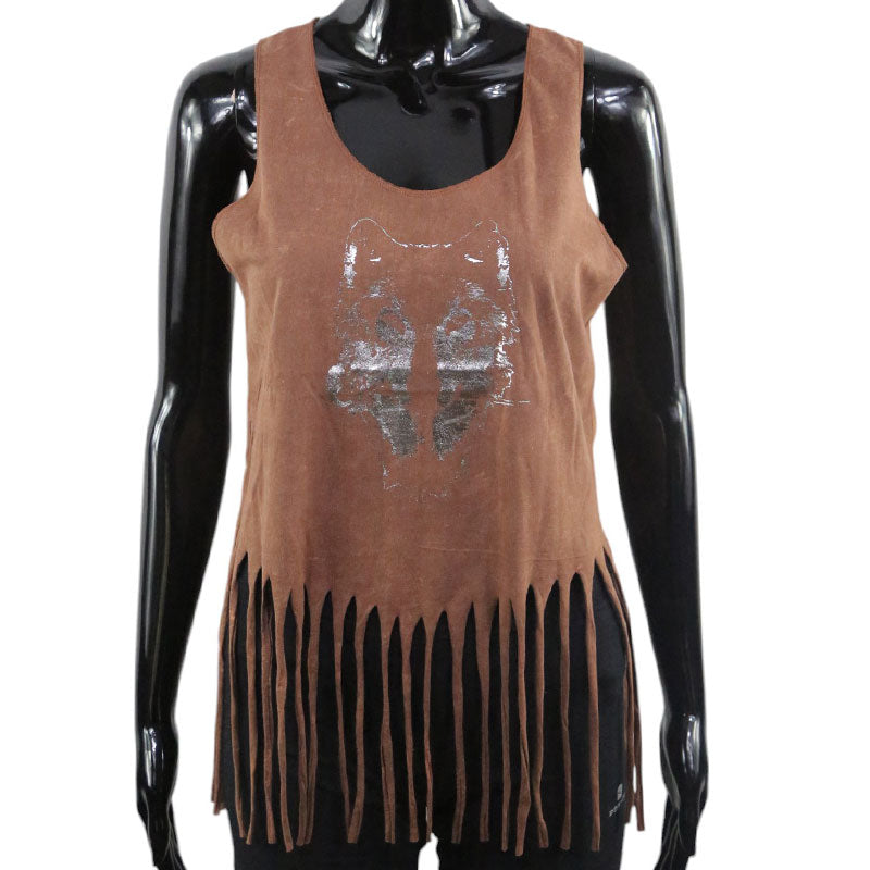 Boho Damen-Top – Braun mit Wolfsmotiv