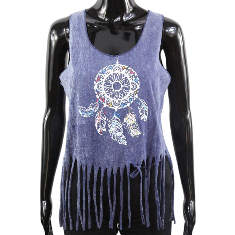 Boho Damen-Top – Violettblau mit Traumfänger & Fransen