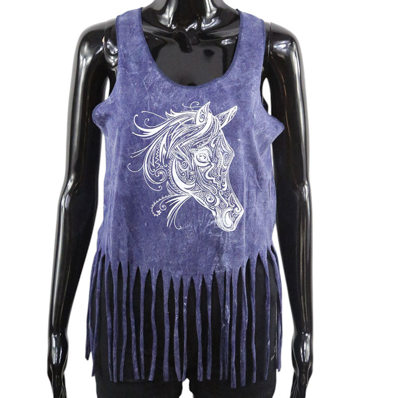 Pferde-Top Indigo – Ornament Kunst auf Fransen-Top