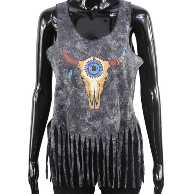Boho Top mit Büffelschädel – Fransen-Design