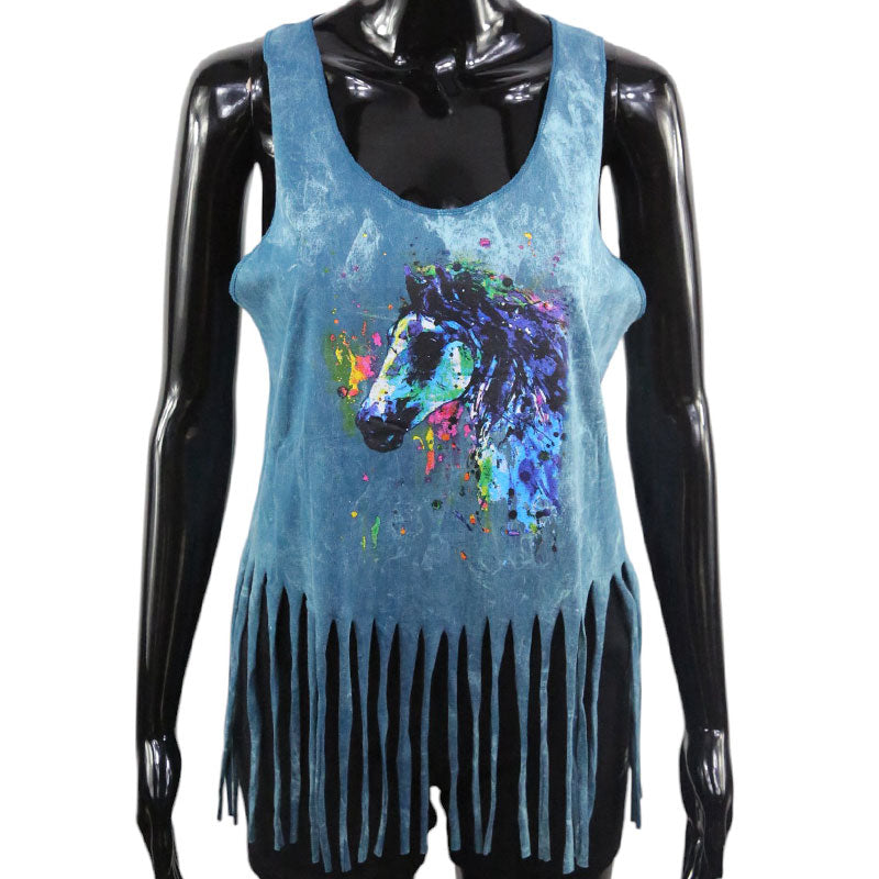 Damen Top Pferdekopf bunt auf blau, grün, braun oder schwarz batik