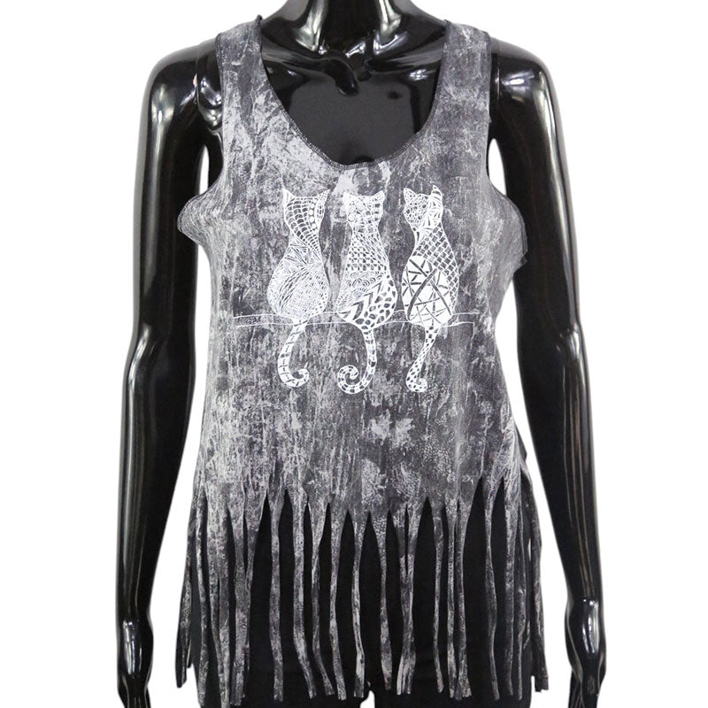 Damen Boho Fransen-Top – Schwarz mit weißen Katzen