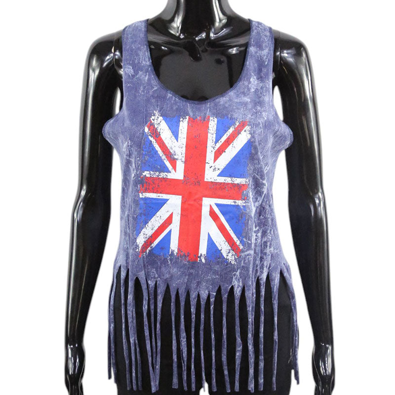 Boho Damen-Top – Violettblau mit Union Jack & Fransen