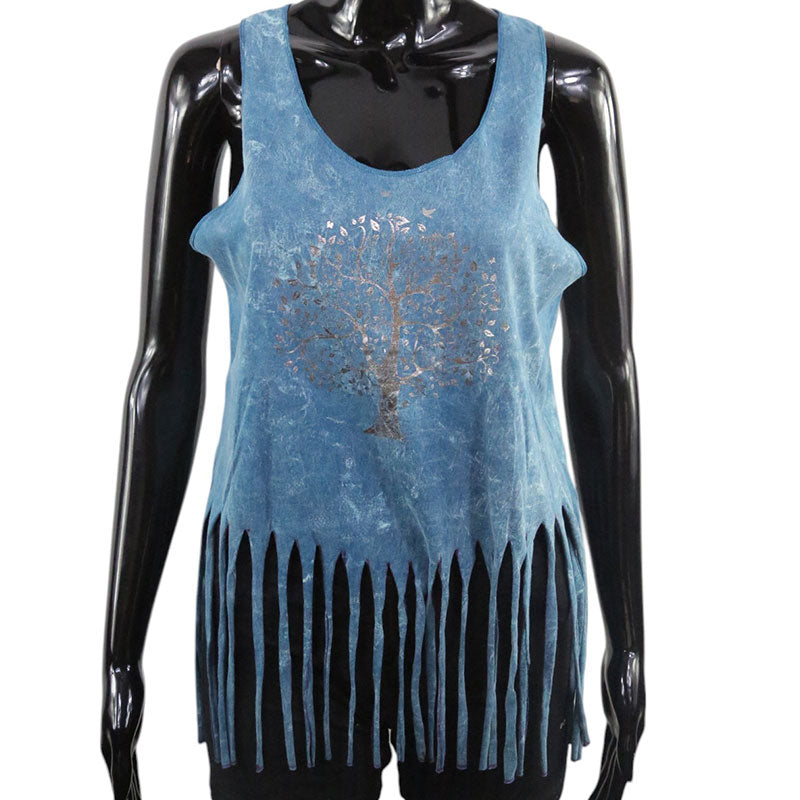 Damen Boho Fransen-Top – Türkisblau mit Lebensbaum in Silber