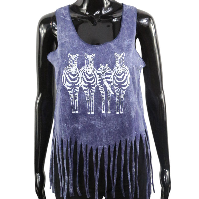 Boho Top Violettblau mit Zebras | Damen Fransen Shirt