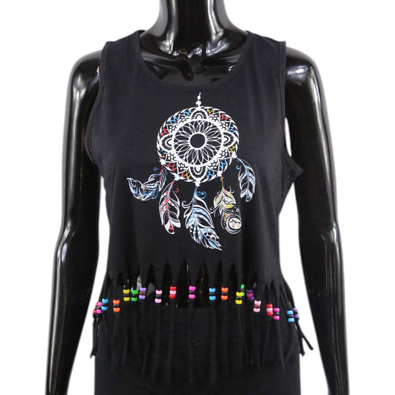 Schwarzes Damen Crop Top mit buntem Traumfänger und Fransen im Boho-Stil