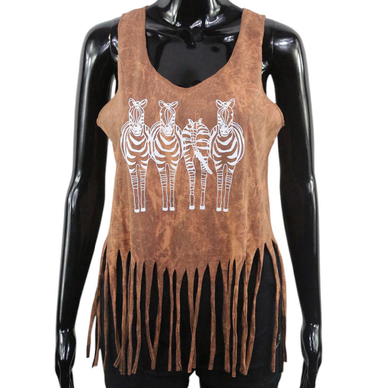 Boho Fransen-Top | Zebra Print | Braun