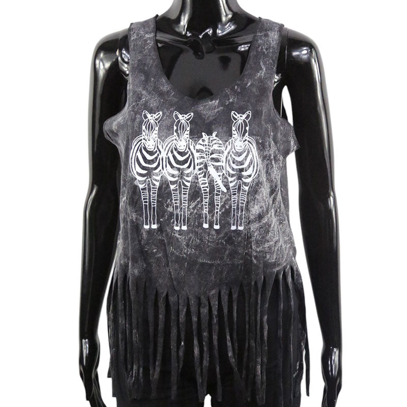 Zebra Top Schwarzgrau | Fransen-Shirt Damen Boho Look