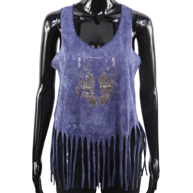 Boho Damen-Top – Violettblau mit Wolfsmotiv im schimmernden Metallic-Effekt