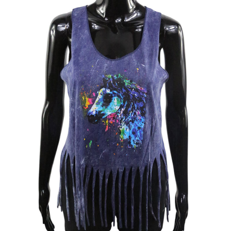Damen Top Pferdekopf bunt auf blau, grün, braun oder schwarz batik