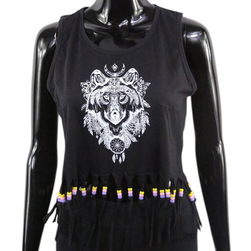 Schwarzes Boho Crop Top mit Wolf-Mond-Print und Fransen – Festival Damen Shirt