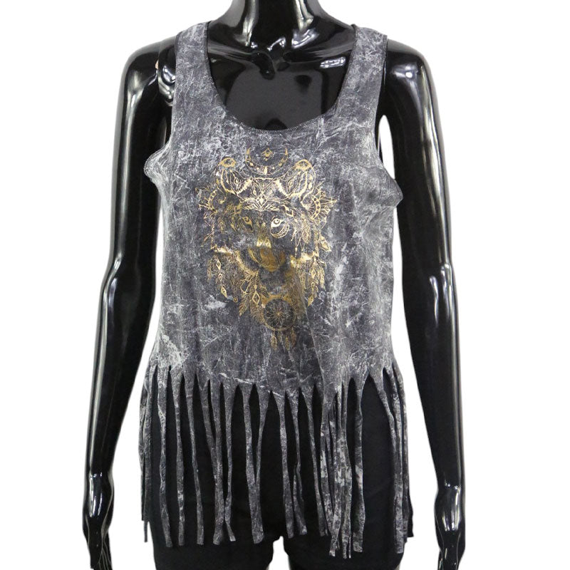 Fransen-Top mit Gold-Wolf – Schwarz